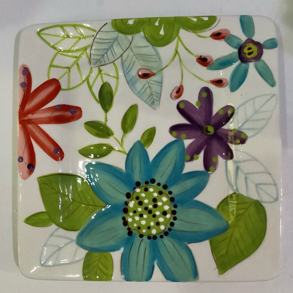 Laurie Gates Daisy Square Salad Luncheon Dessert Plates Hand-painted Set Of 2 - Picture 2 of 6
